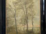 painting of a landscape with trees and a river in the distance