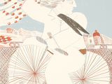 un dessin représentant une femme à vélo avec un parapluie
