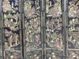 three black and gold decorated screens with birds and flowers on them