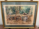 aquarelle encadrée représentant une scène de marché avec des personnes devant un étal