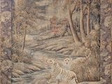 painting of a stream running through a wooded area with trees in the background