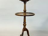 a wooden table with a tray on top of it