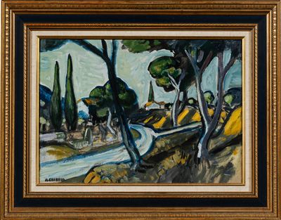painting of a landscape with trees and a stream in the foreground