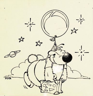 dessin humoristique représentant un chien portant un chapeau d'anniversaire et tenant un ballon