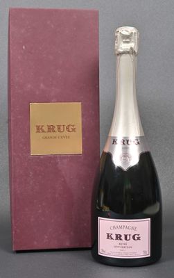 bottle of krug champagne in front of a pink box