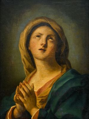 un tableau représentant une femme en train de prier, les mains jointes