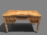 an old wooden desk with two drawers and a drawer underneath it