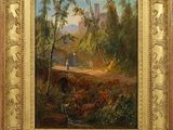 un tableau représentant un homme marchant sur un sentier dans une zone boisée