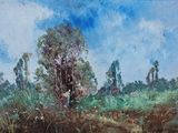 un tableau représentant un arbre dans un champ avec de l'eau