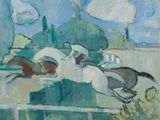 tableau représentant des jockeys et des chevaux sautant par-dessus une haie par une journée ensoleillée