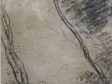 drawing of two trees in a field with a small house in the distance