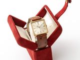 a watch sitting in a red box on a white surface