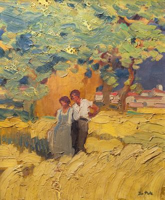 une peinture à l'huile représentant deux personnes dans un champ, avec un arbre en arrière-plan