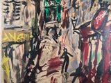 une image représentant une peinture d'une tour horloge dans une rue de la ville