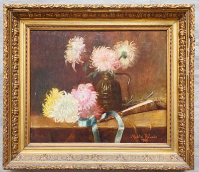 une peinture à l'huile représentant des fleurs dans un vase sur une table