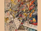 dessin représentant un tableau sur lequel figurent des instruments de musique et un homme jouant du piano