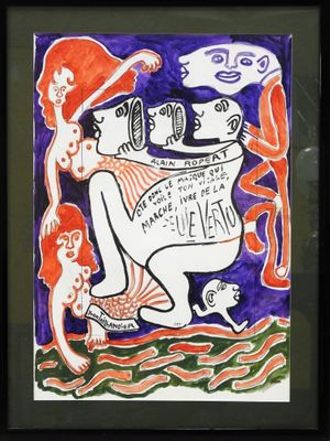 tableau représentant un homme et une femme avec un chat et un chien