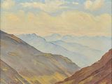 une image représentant un tableau représentant un paysage de montagne avec un cheval au premier plan
