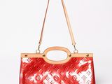 louis vuitton red monogram patent leather handbag with wooden handle