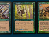 three cards with different images of a man riding a horse in the woods