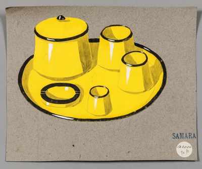 un dessin représentant une assiette jaune sur laquelle sont posées des tasses et des soucoupes