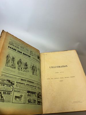 un vieux livre ouvert à une page sur laquelle figure une illustration représentant des personnes