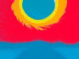 a red and blue painting with a yellow circle in the middle