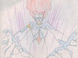 an image of a drawing of a woman in a white dress with pink hair
