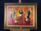 tableau représentant un groupe de musiciens sur scène, sur fond noir