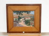 an image of a painting of a farm scene in a wooden frame