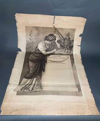 un vieux journal sur lequel figure le dessin d'une femme tenant une épée