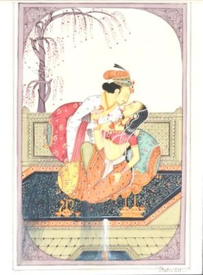 une peinture représentant un homme et une femme assis sur un canapé