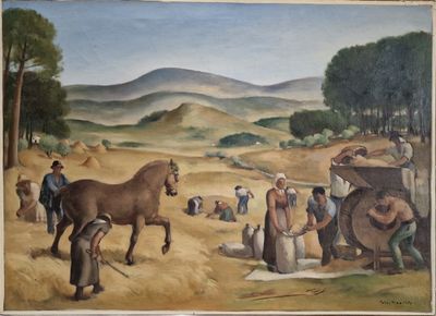 a painting of a horse and people working in a field