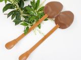 two wooden spoons with leather handles sitting next to a plant
