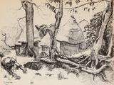 dessin représentant un village avec un toit de chaume et des arbres au premier plan