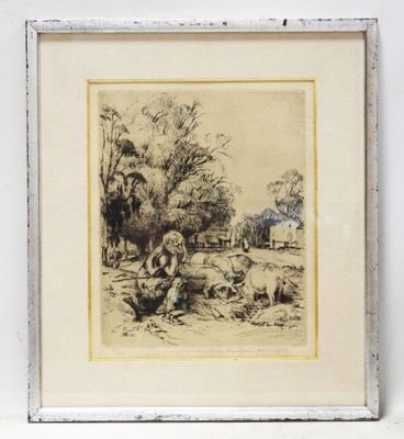 an image of a drawing of a man and a dog in a field