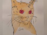 tableau représentant un chat orange aux yeux rouges sur fond blanc