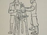 drawing of a man and a woman are sitting at a table