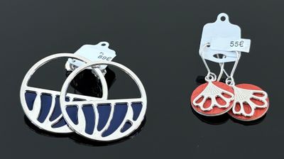 paire de boucles d'oreilles argentées et rouges sur un fond noir, avec une étiquette de prix