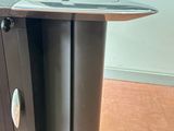 a close up of a metal door handle on a cabinet
