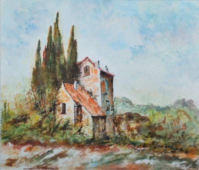 une peinture à l'huile représentant une maison dans un champ avec des arbres en arrière-plan