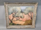 an oil painting of a landscape with trees and a church in the distance