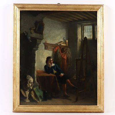 tableau représentant un homme assis sur un canapé dans une pièce en compagnie d'un chien