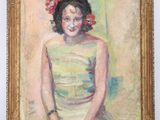 a painting of a woman in a green dress with a flower in her hair