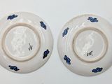 pair of blue and white plates with blue flowers on them on a white surface