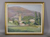 a painting of a landscape with a church in the distance