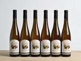 six bouteilles de vin sont alignées sur une table en bois