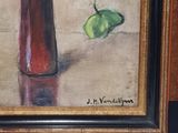 an oil painting of a vase of flowers on a table