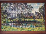 an oil painting of a landscape with trees and a river