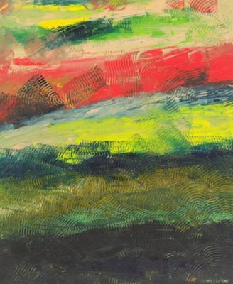une peinture abstraite représentant un champ vert, rouge et jaune